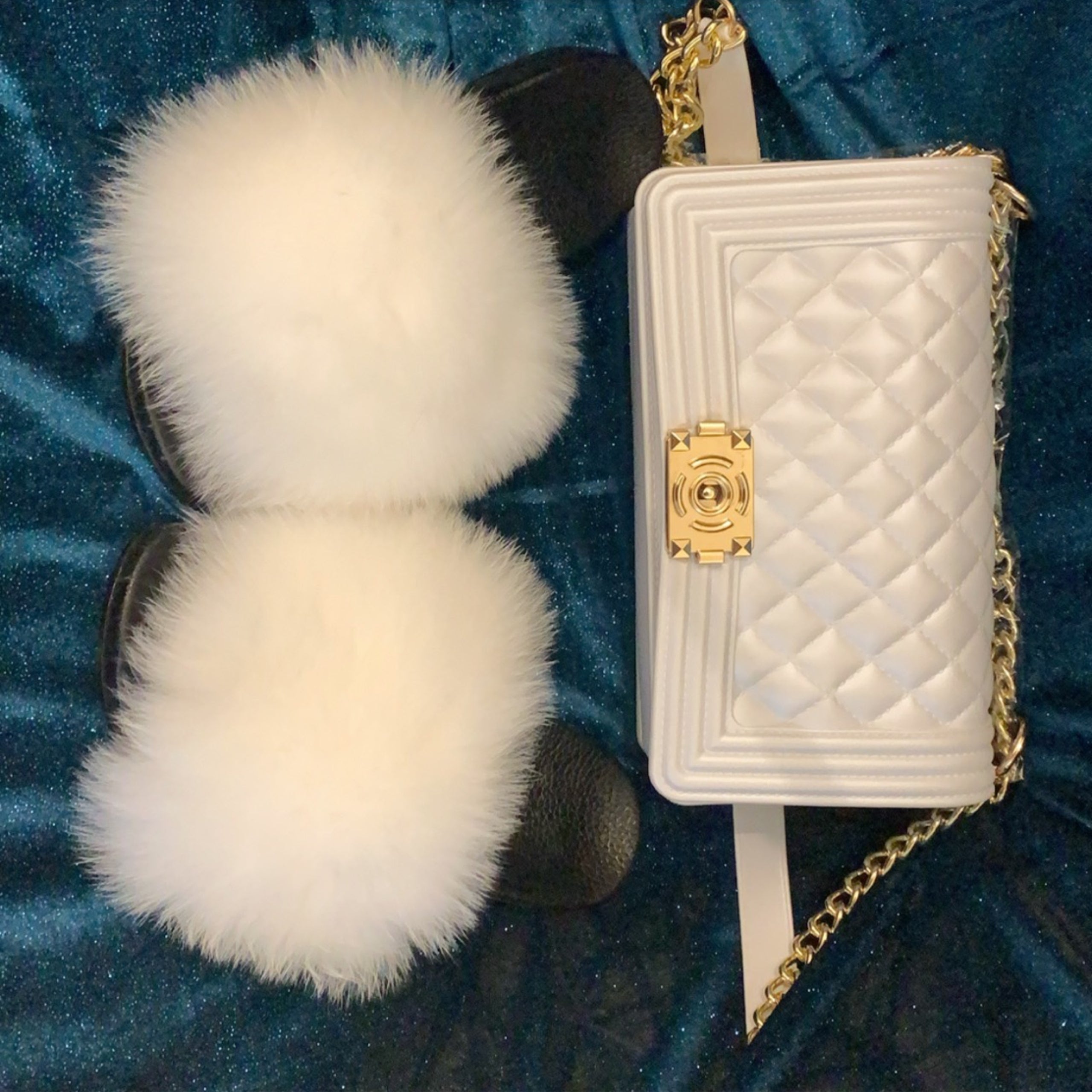 Fur slippers with online matching purse